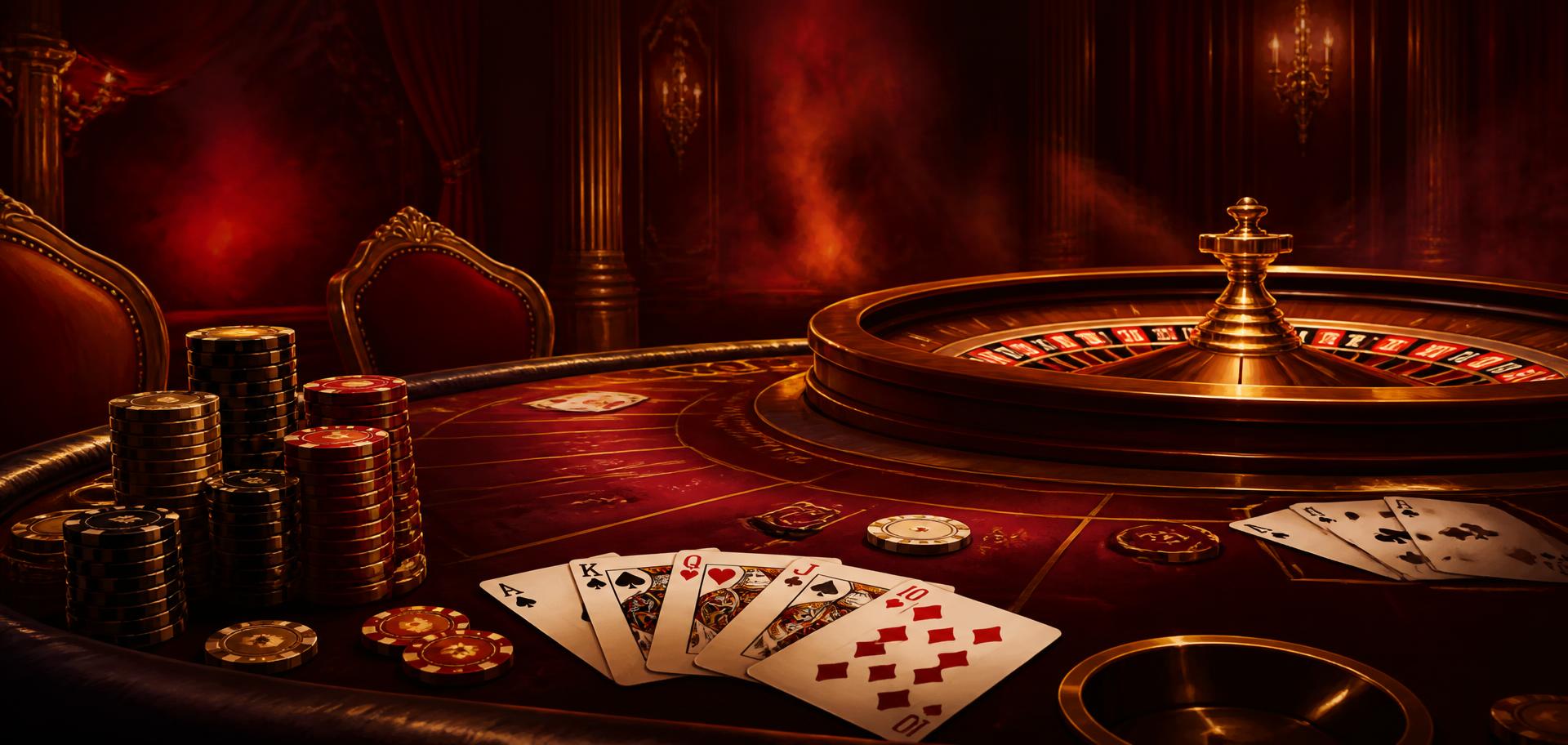 Blackjacktafel en roulettewiel in het rood en goud van Red Stag Casino